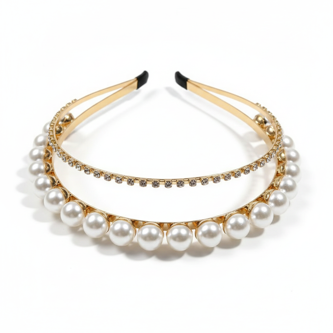 Mukutique Gold Plated Pearl & Crystal Double Layer Hairband | Wedding Headband for Girls