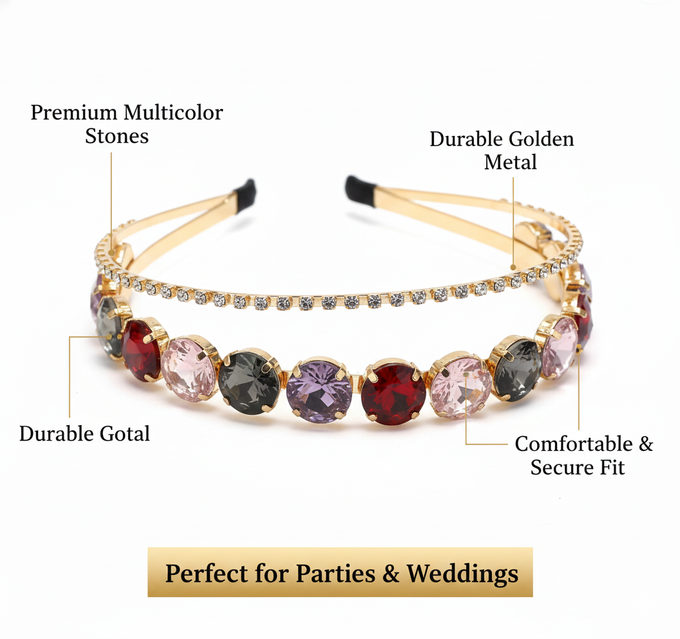 Mukutique Gold Crystal Rhinestone Headband | Premium Multicolor Wedding Hair Band