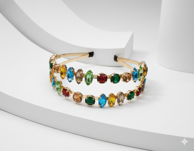 Mukutique Gold Rhinestone Hairband | Multicolor Crystal Double Layer Headband | Party Wear