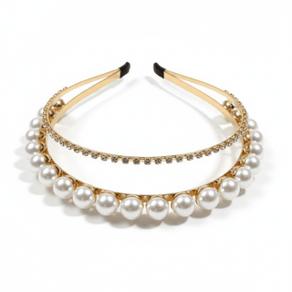 Mukutique Gold Plated Pearl & Crystal Double Layer Hairband for Women – Elegant Wedding Party Headband for Girls