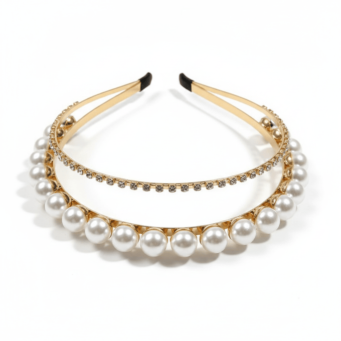 Mukutique Gold Plated Pearl & Crystal Double Layer Hairband for Women – Elegant Wedding Party Headband for Girls - MukuTique