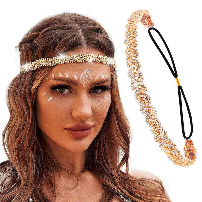 Mukutique Women’s Bohemian Rhinestone Forehead Headband - Gold Crystal Bridal Head Chain Hair Jewelry for Festivals, Weddings & Boho Style - MukuTique