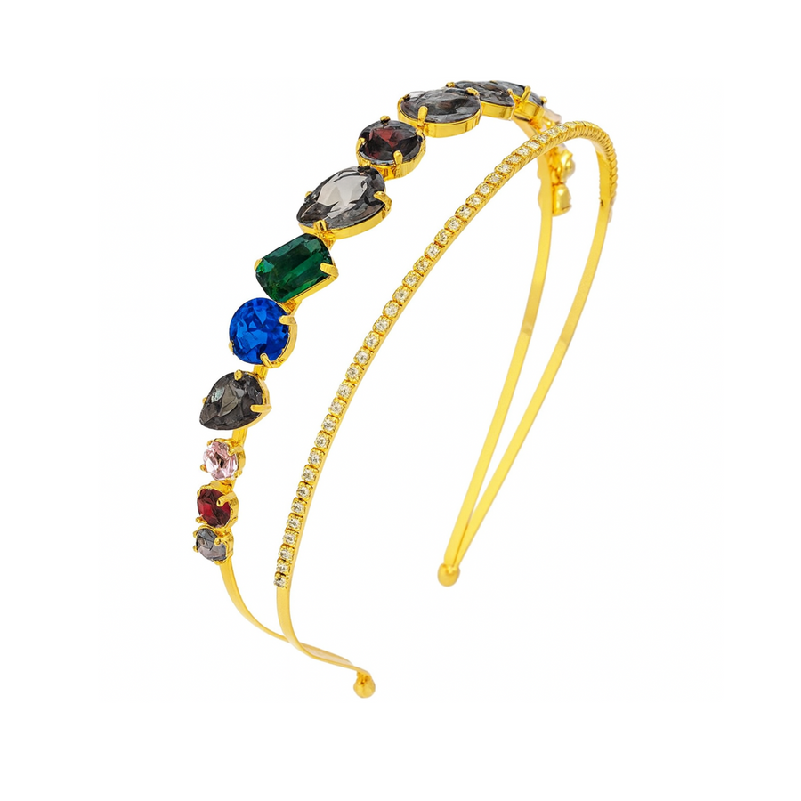 Mukutique Gold Crystal Multicolor Rhinestone Hairband | Elegant Bridal Headband