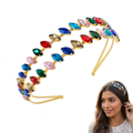 Mukutique Gold Crystal Multicolor Rhinestone Double Layer Headband | Bridal Hair Accessory