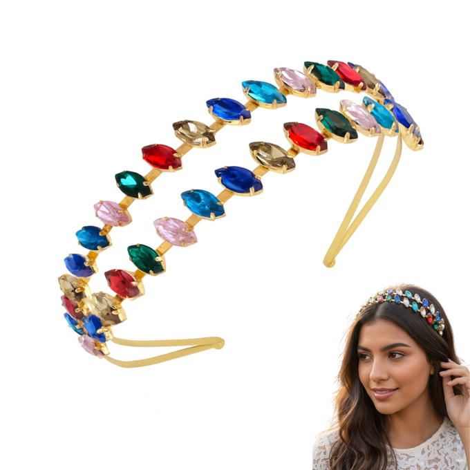 Mukutique Gold Crystal Multicolor Rhinestone Double Layer Headband | Bridal Hair Accessory