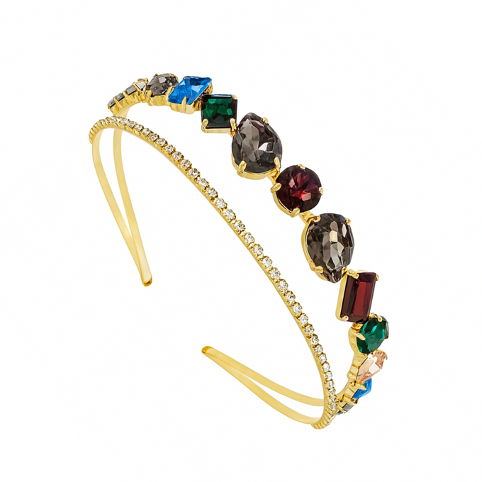 Mukutique Gold Crystal Multicolor Rhinestone Hairband | Elegant Bridal Headband
