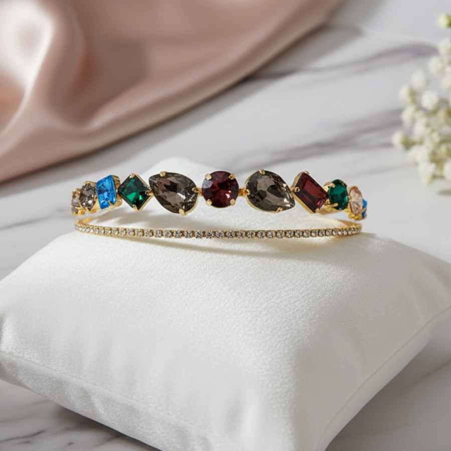 Mukutique Gold Crystal Multicolor Rhinestone Hairband | Elegant Bridal Headband