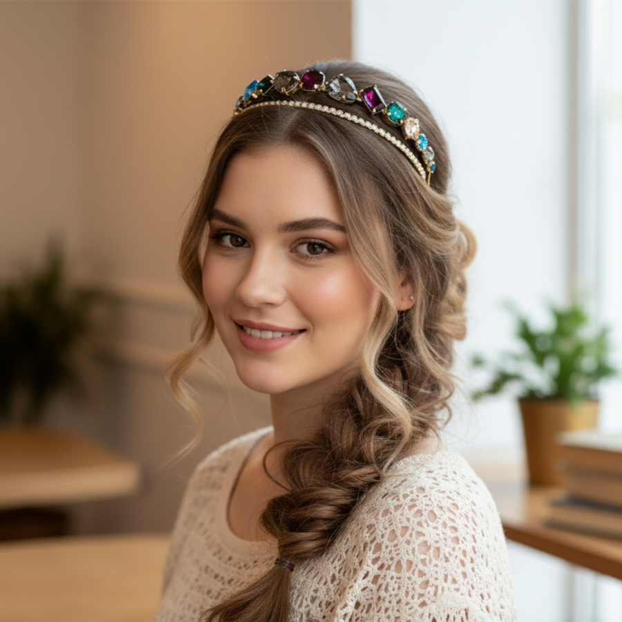 Mukutique Gold Crystal Multicolor Rhinestone Hairband | Elegant Bridal Headband