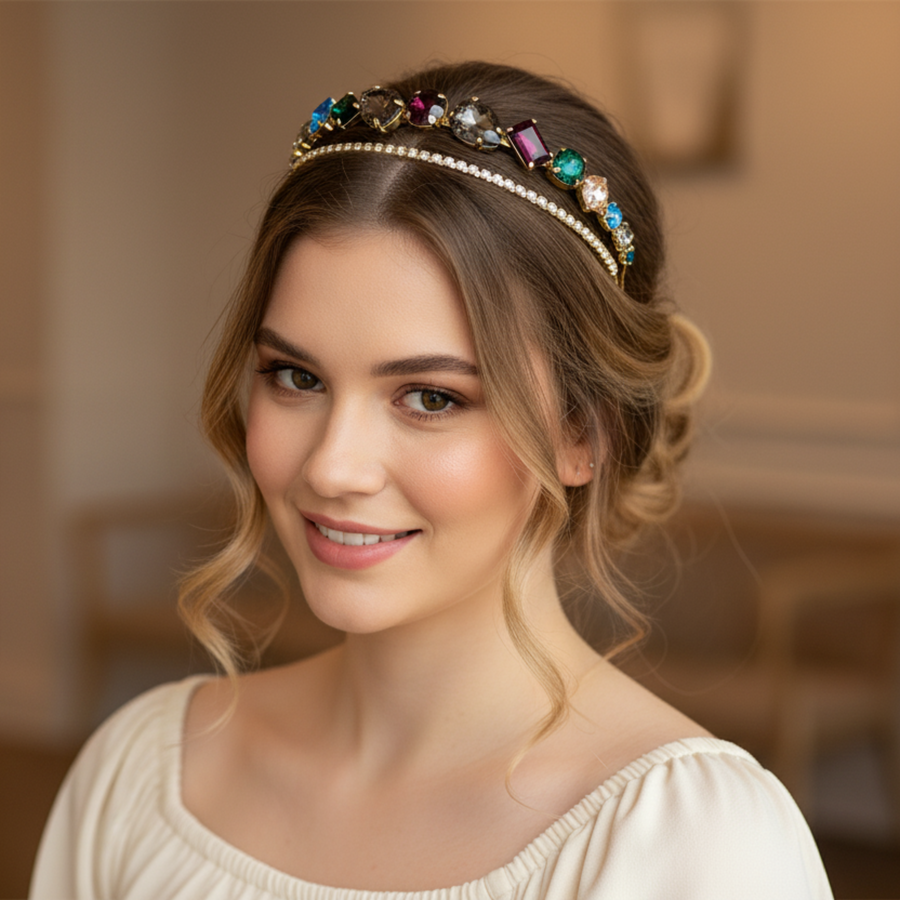 Mukutique Gold Crystal Multicolor Rhinestone Hairband | Elegant Bridal Headband