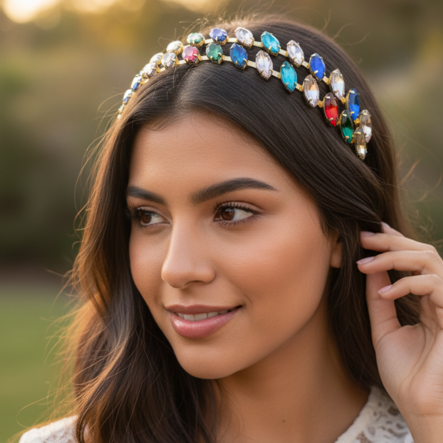 Mukutique Gold Crystal Multicolor Rhinestone Double Layer Headband | Bridal Hair Accessory