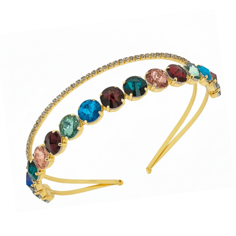 Mukutique Gold Crystal Rhinestone Headband | Premium Multicolor Wedding Hair Band