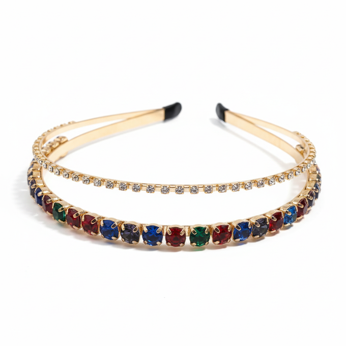 Mukutique Multicolor Stone Double Layer Headband | Crystal Wedding Hairband for Women