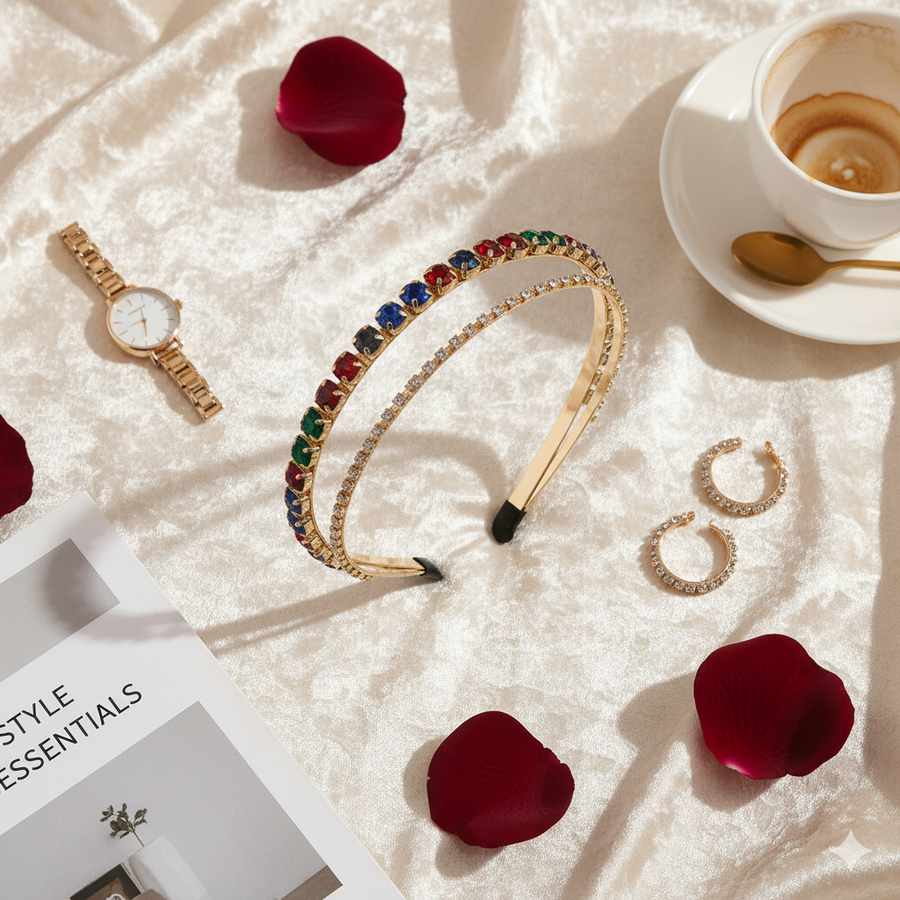 Mukutique Multicolor Stone Double Layer Headband | Crystal Wedding Hairband for Women