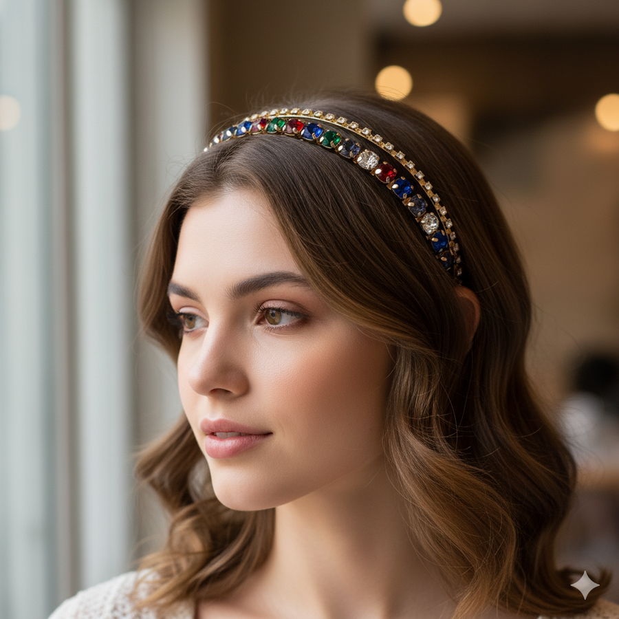 Mukutique Multicolor Stone Double Layer Headband | Crystal Wedding Hairband for Women