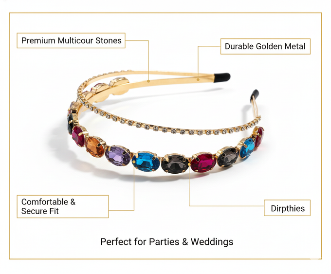 Gold Crystal Rhinestone Double Layer Hairband | Multicolor Wedding Headband | Mukutique
