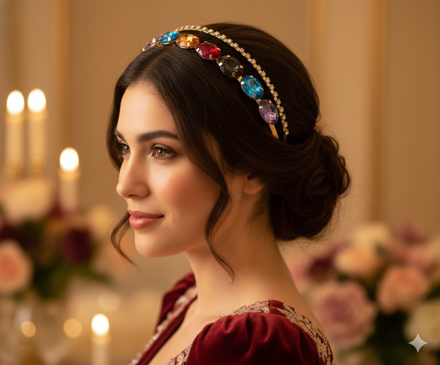 Gold Crystal Rhinestone Double Layer Hairband | Multicolor Wedding Headband | Mukutique