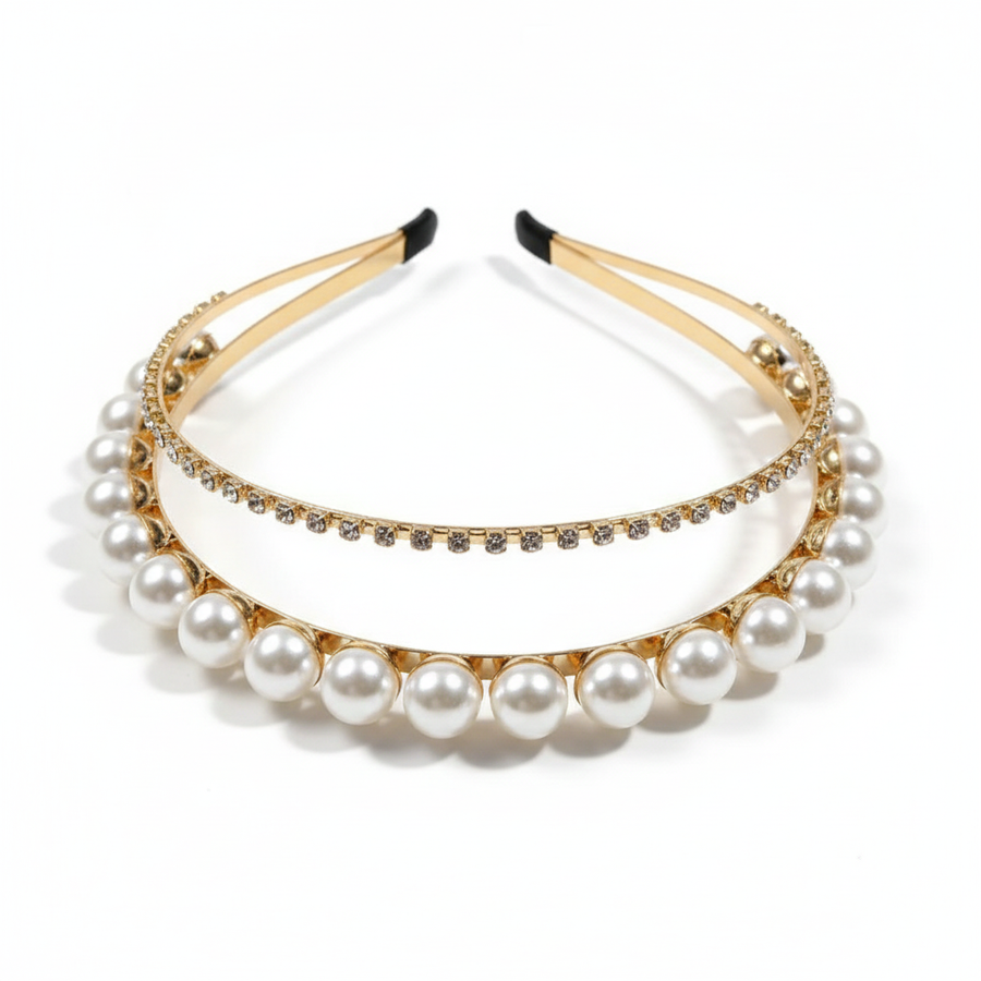 Mukutique Gold Plated Pearl & Crystal Double Layer Hairband | Wedding Headband for Girls