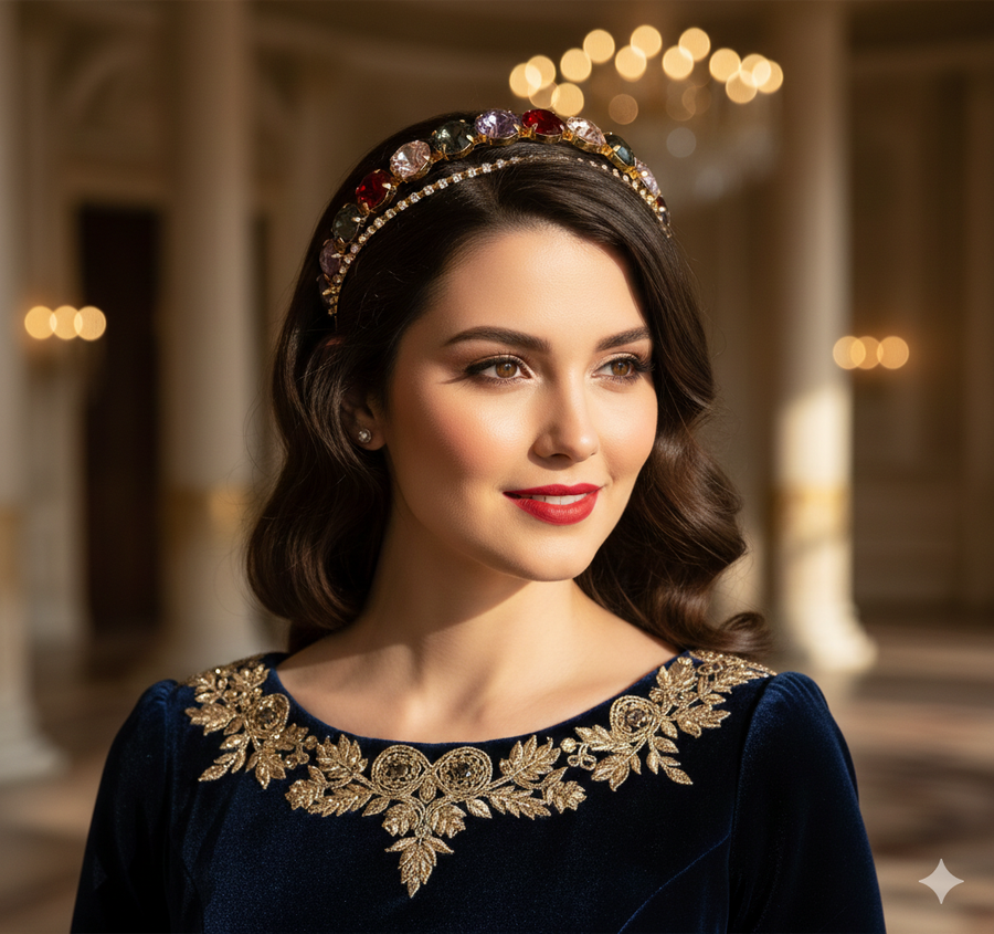 Mukutique Gold Crystal Rhinestone Headband | Premium Multicolor Wedding Hair Band