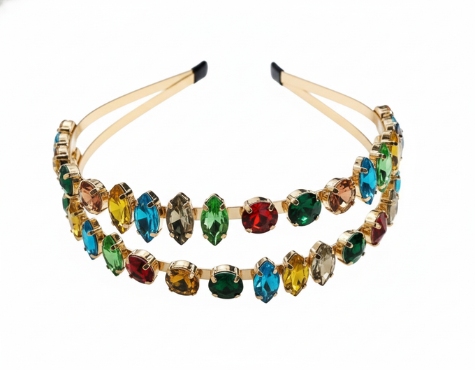 Mukutique Gold Rhinestone Hairband | Multicolor Crystal Double Layer Headband | Party Wear
