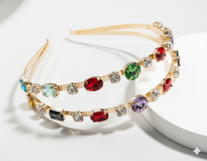 Mukutique Gold Crystal Double Layer Rhinestone Hairband | Elegant Party Headband