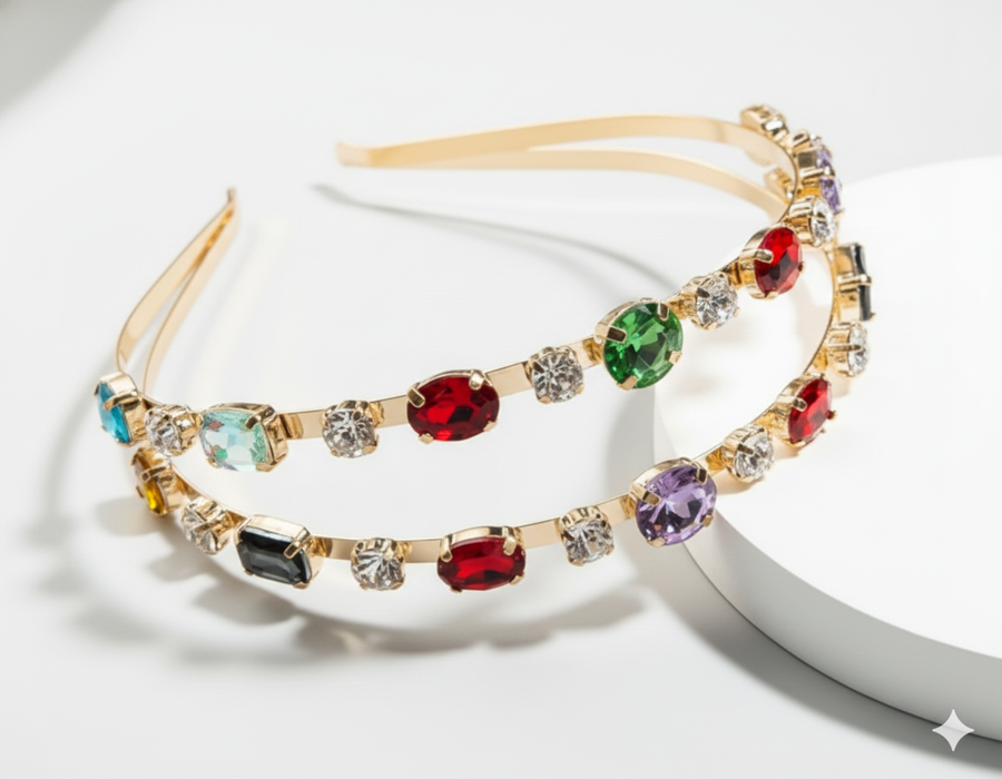 Mukutique Gold Crystal Double Layer Rhinestone Hairband | Elegant Party Headband