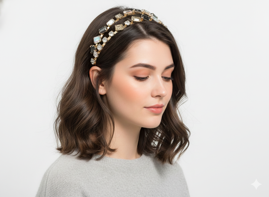 Mukutique Gold Crystal Rhinestone Hairband | Multicolor Stone Double Layer Headband