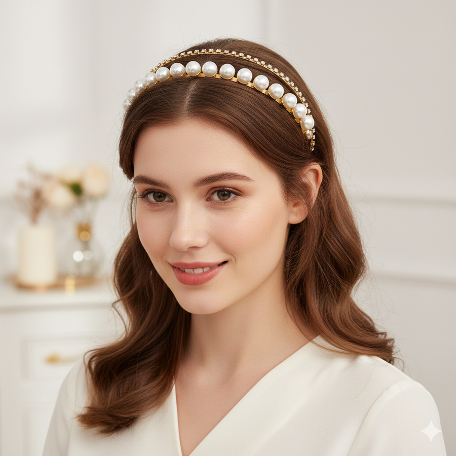 Mukutique Gold Plated Pearl & Crystal Double Layer Hairband | Wedding Headband for Girls