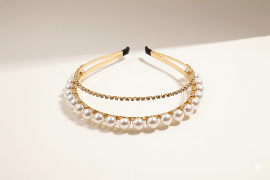 Mukutique Gold Plated Pearl & Crystal Double Layer Hairband | Wedding Headband for Girls