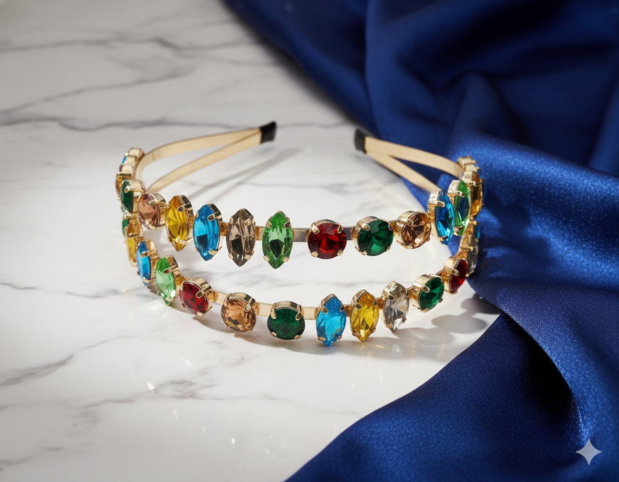 Mukutique Gold Rhinestone Hairband | Multicolor Crystal Double Layer Headband | Party Wear
