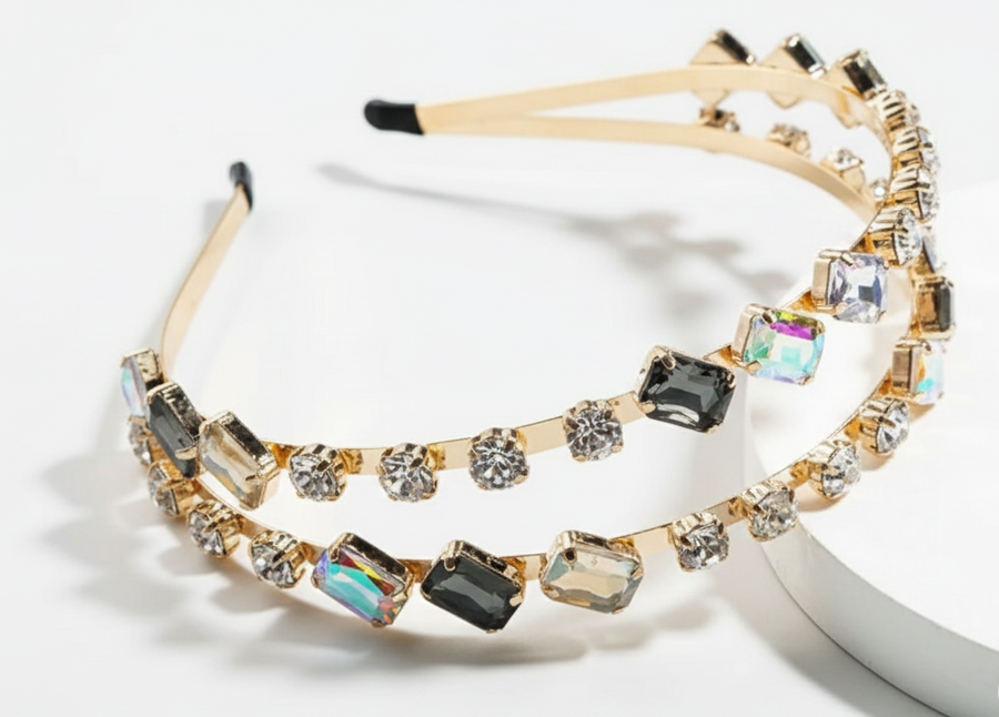 Mukutique Gold Crystal Rhinestone Hairband | Multicolor Stone Double Layer Headband