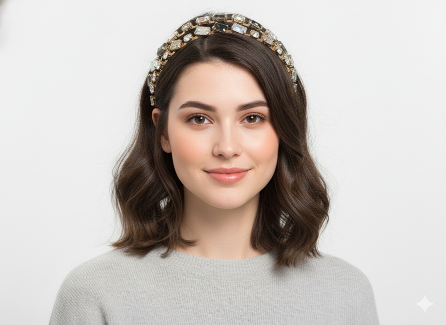 Mukutique Gold Crystal Rhinestone Hairband | Multicolor Stone Double Layer Headband