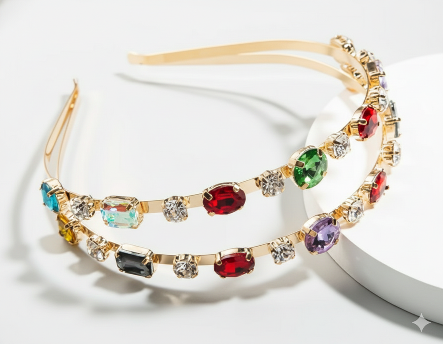 Mukutique Gold Crystal Double Layer Rhinestone Hairband | Elegant Party Headband