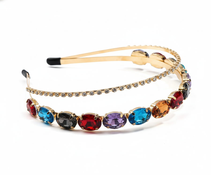 Gold Crystal Rhinestone Double Layer Hairband | Multicolor Wedding Headband | Mukutique