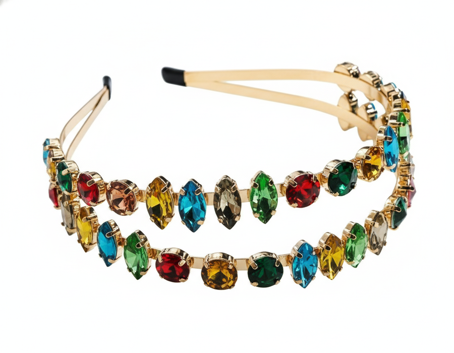 Mukutique Gold Rhinestone Hairband | Multicolor Crystal Double Layer Headband | Party Wear
