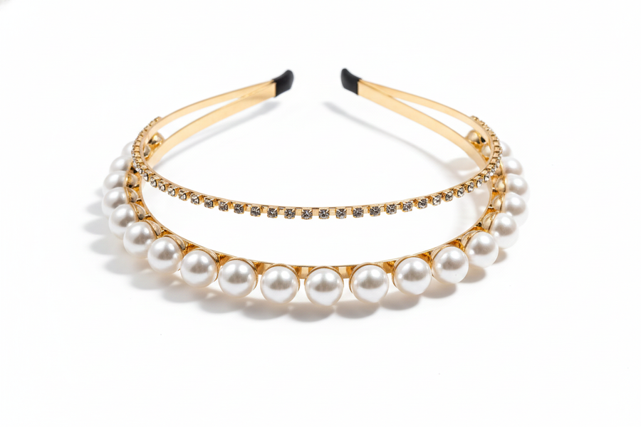 Mukutique Gold Plated Pearl & Crystal Double Layer Hairband | Wedding Headband for Girls