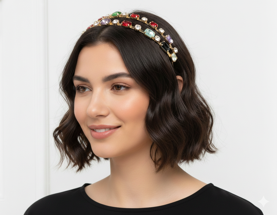 Mukutique Gold Crystal Double Layer Rhinestone Hairband | Elegant Party Headband