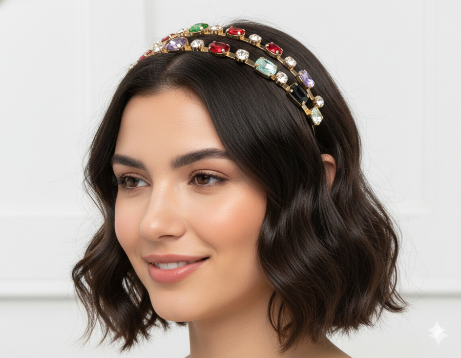 Mukutique Gold Crystal Double Layer Rhinestone Hairband | Elegant Party Headband