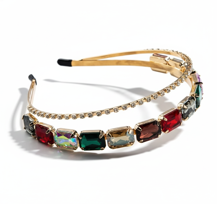 Mukutique Gold Crystal Hair Band | Rhinestone Double Layer Wedding Headband