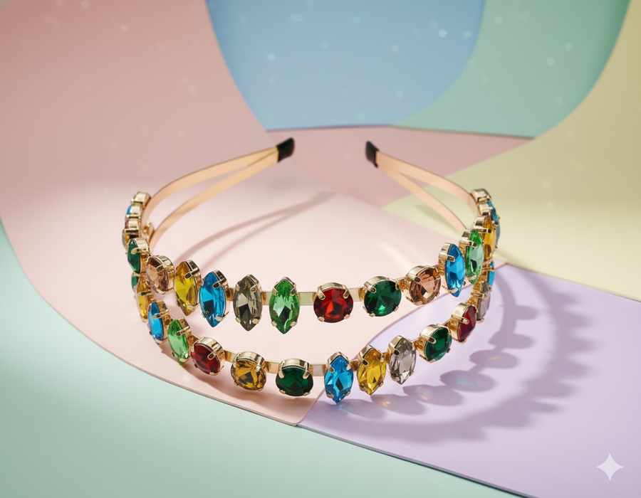 Mukutique Gold Rhinestone Hairband | Multicolor Crystal Double Layer Headband | Party Wear