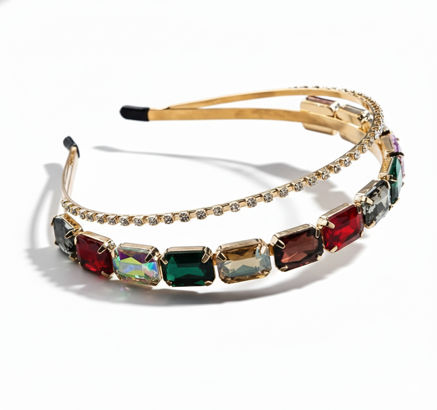 Mukutique Gold Crystal Hair Band | Rhinestone Double Layer Wedding Headband