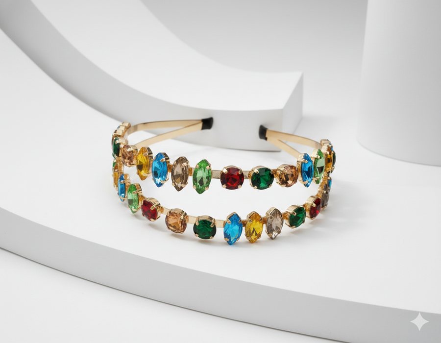 Mukutique Gold Rhinestone Hairband | Multicolor Crystal Double Layer Headband | Party Wear