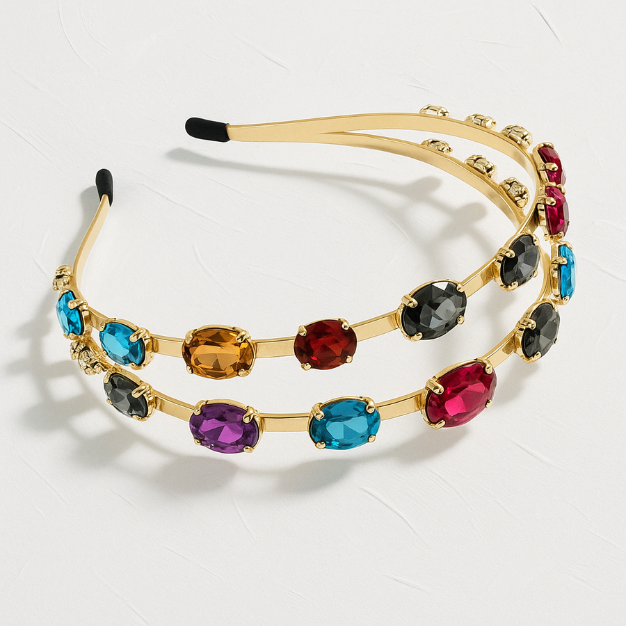 Gold Crystal Rhinestone Double Layer Hairband | Multicolor Wedding Headband | Mukutique (Copy)
