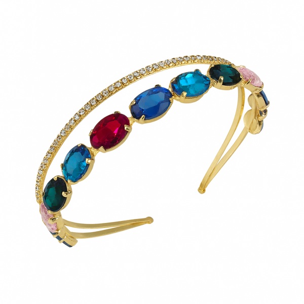 Gold Crystal Rhinestone Double Layer Hairband | Multicolor Wedding Headband | Mukutique