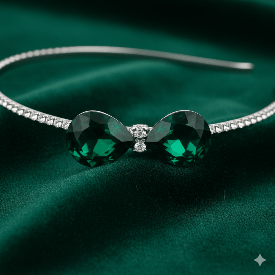 Mukutique Bridal Green Teardrop Crystal Headband for Women Silver Rhinestone Wedding Tiara Hair Band Elegant Party Wear Designer Hair Accessory - MukuTique