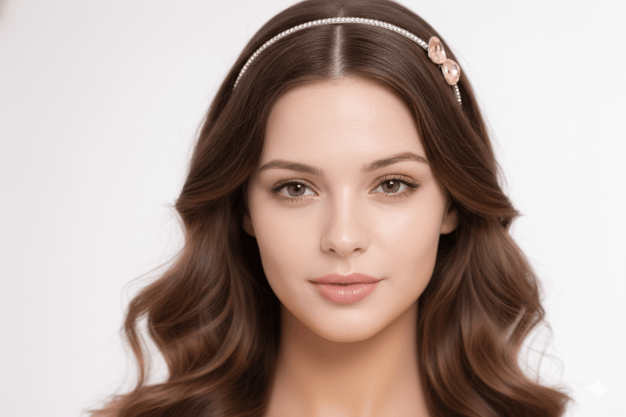 Mukutique Bridal Peach Teardrop Crystal Headband for Women Silver Rhinestone Wedding Tiara Hair Band Elegant Party Wear Designer Hair Accessory - MukuTique