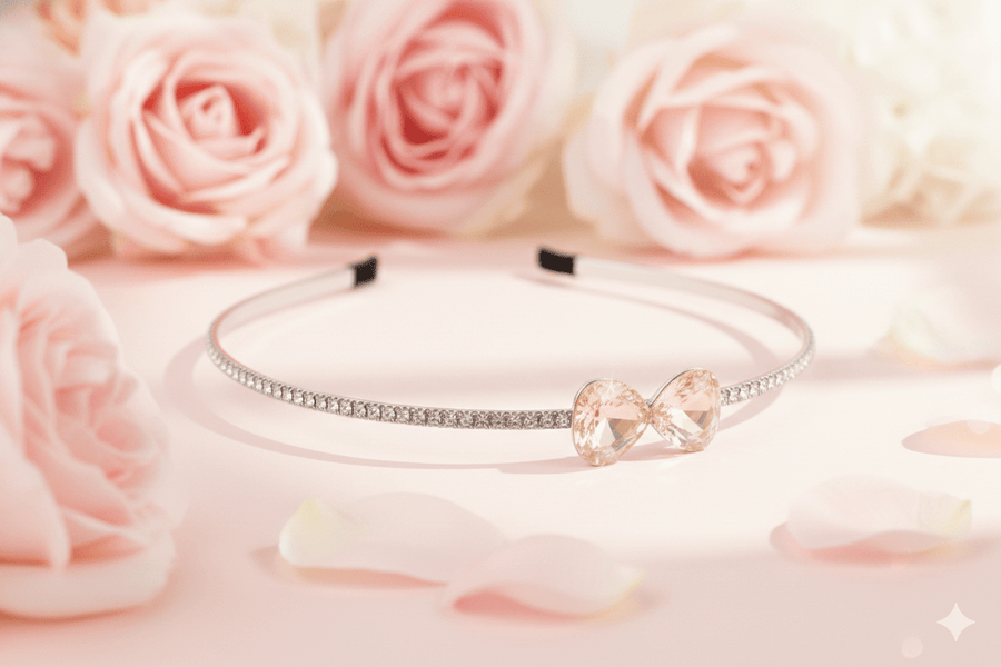 Mukutique Bridal Peach Teardrop Crystal Headband for Women Silver Rhinestone Wedding Tiara Hair Band Elegant Party Wear Designer Hair Accessory - MukuTique