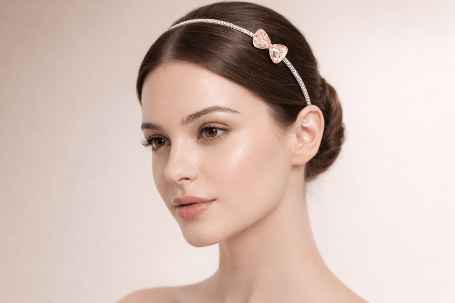 Mukutique Bridal Peach Teardrop Crystal Headband for Women Silver Rhinestone Wedding Tiara Hair Band Elegant Party Wear Designer Hair Accessory - MukuTique