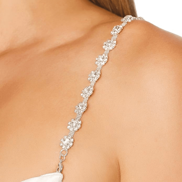Mukutique Decorative Rhinestone Bra Straps - Silver Crystal Floral Replacement Straps for Women - Adjustable Non - Slip Jewelry Straps for Off - Shoulder Dresses, Prom & Weddings - 1 Pc - MukuTique