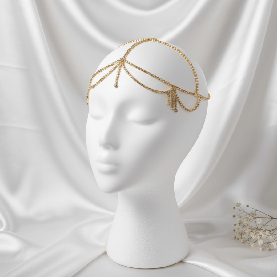 Mukutique Gold Crystal Bridal Head Chain for Women – Wedding Rhinestone Matha Patti Hair Jewelry Headpiece - MukuTique