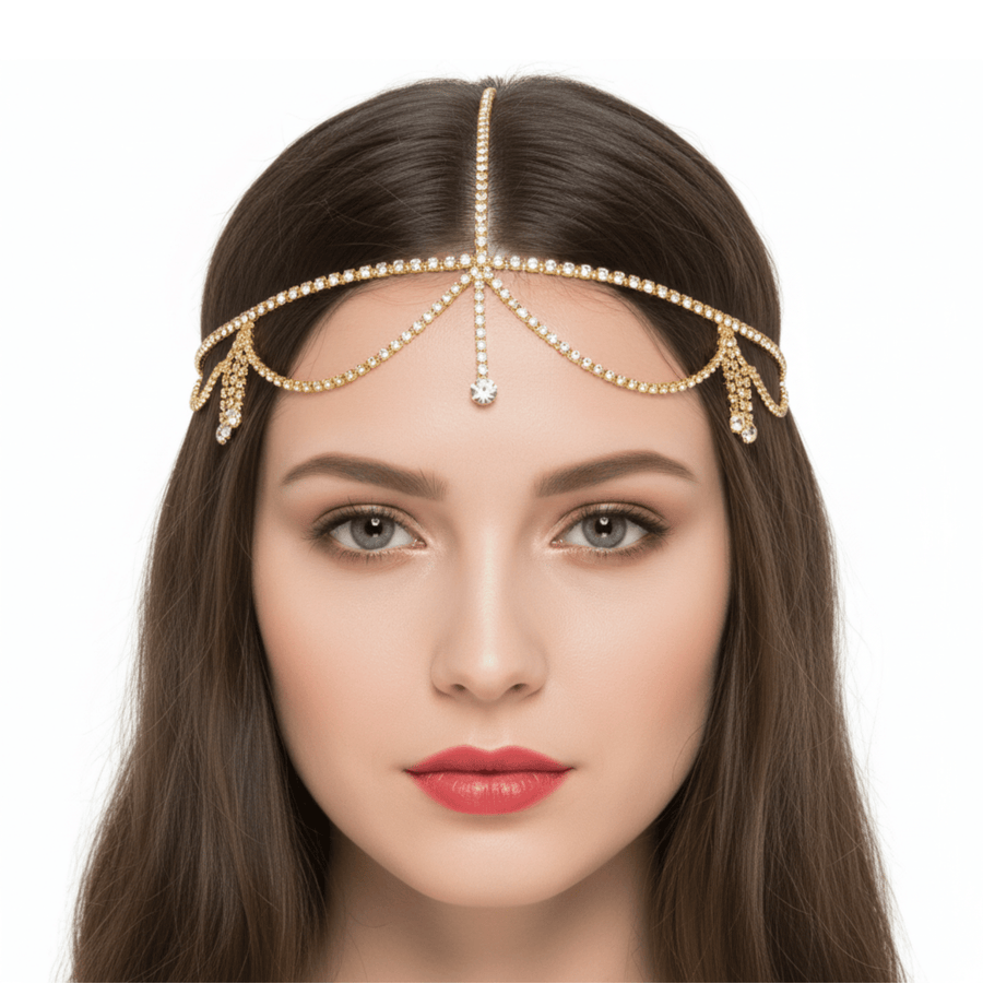 Mukutique Gold Crystal Bridal Head Chain for Women – Wedding Rhinestone Matha Patti Hair Jewelry Headpiece - MukuTique